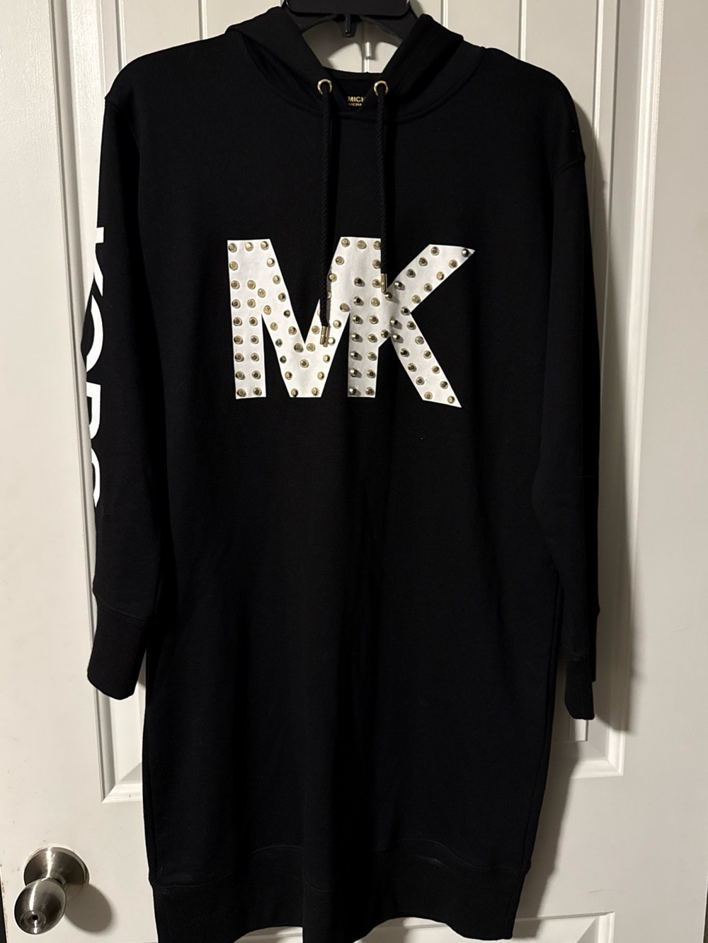 Women’s Michael Kors Black Hoodie Tunic Dress with White Studded MK Logo Sz S